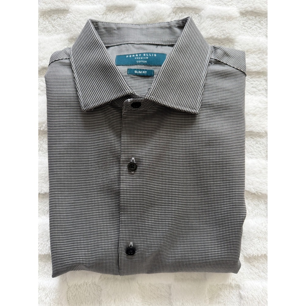 Perry Ellis Premium Cotton Slim Fit Dress Shirt Mens 16.5 34/35 Grey Micro Check